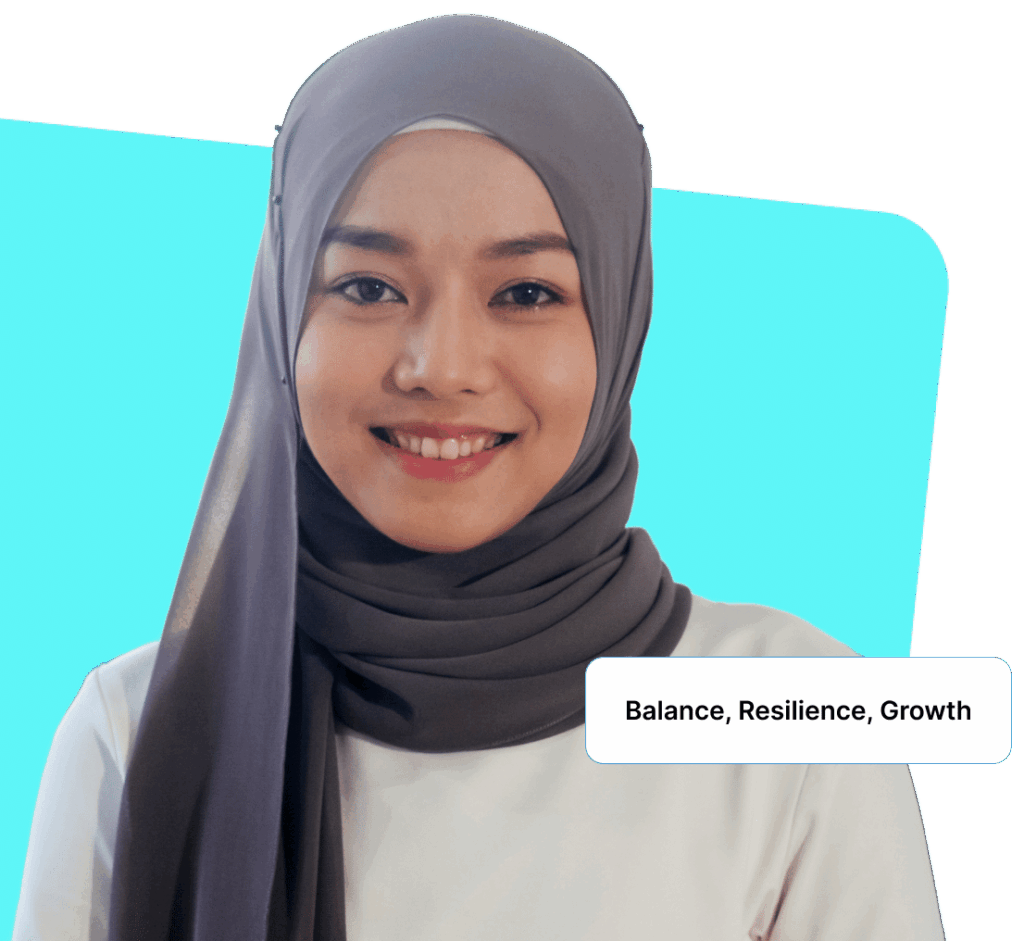 Person 10 A woman in a hijab and white top smiling brightly, with the text "Balance, Resilience, Growth" overlaid.