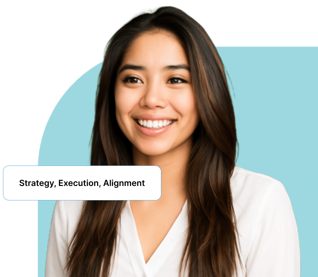 Person 3 A woman in a white top with long hair smiling brightly, with the text "Strategy, Execution, Alignment" overlaid.