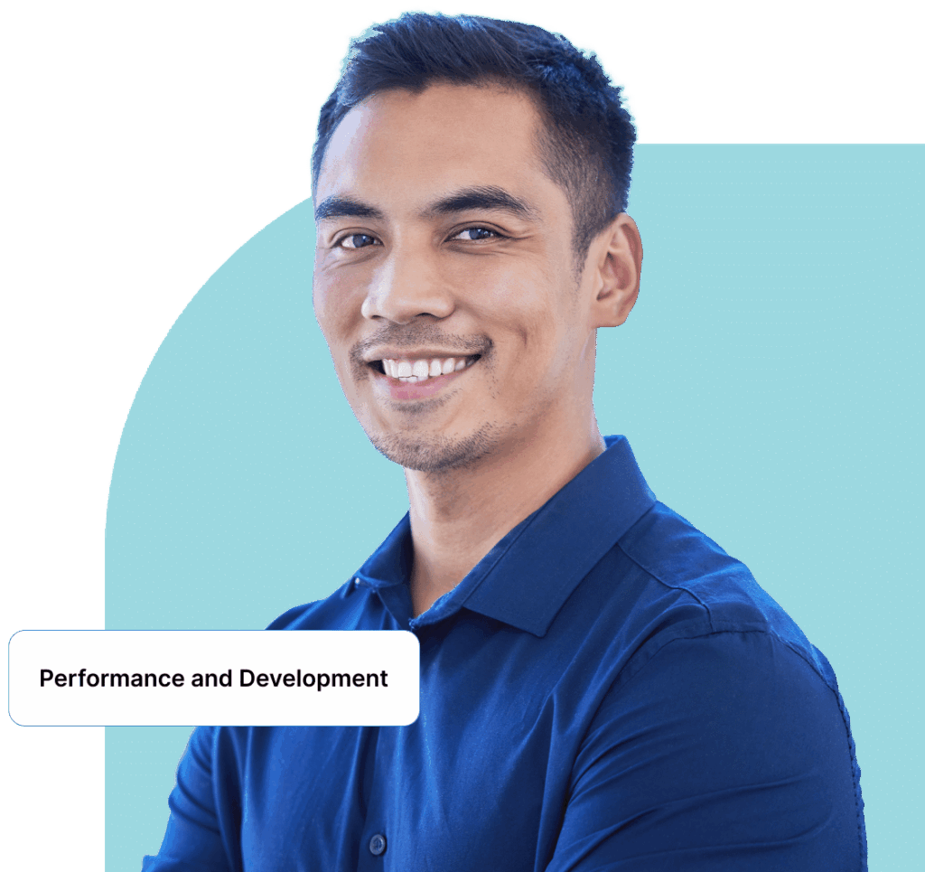 Person 9 A man in a blue shirt smiling confidently, with the text "Performance and Development" overlaid.