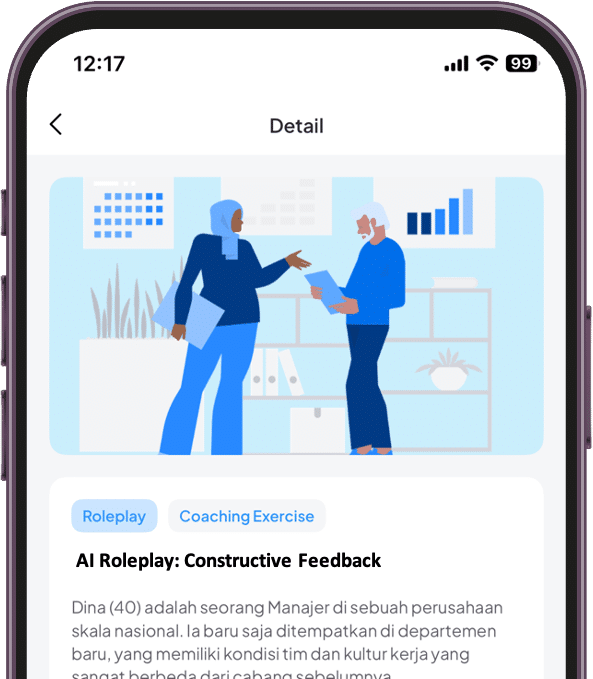 mockuppng A smartphone screen showing an AI roleplay scenario for constructive feedback, featuring a manager and a colleague discussing in an office setting, emphasizing effective communication.