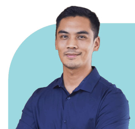 Person 11 Pria profesional Indonesia dengan emotional intelligence tinggi tersenyum percaya diri memakai kemeja biru tua di latar teal