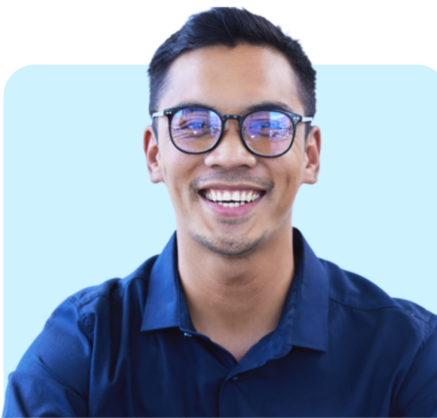 Person 2 A man in a blue shirt and glasses smiling confidently, with the text "Collaboration, Trust, Accountability" overlaid.