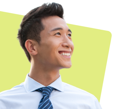 Person 4 A man in a white shirt and blue tie looking up with a confident smile, with the text "Vision, Influence, Impact" overlaid.