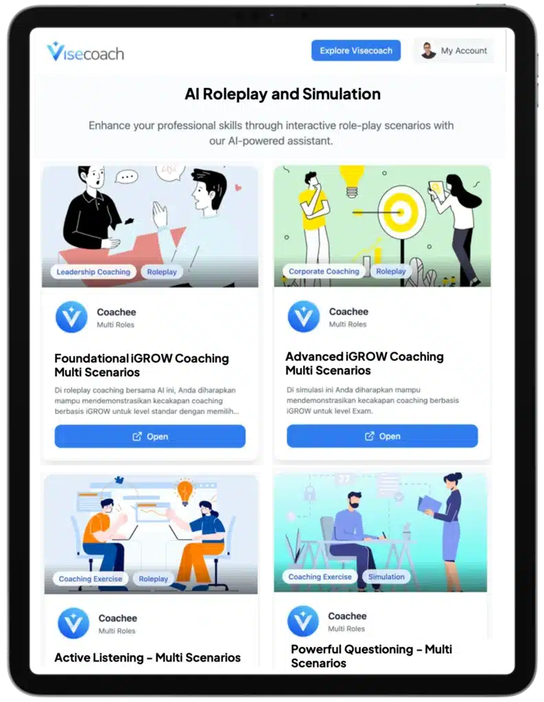 AI Roleplay Coaching dari Visecoach – Simulasi dan Latihan Coaching Interaktif AI Roleplay coaching dari Visecoach dengan fitur simulasi dan skenario iGROW untuk pengembangan keterampilan coaching